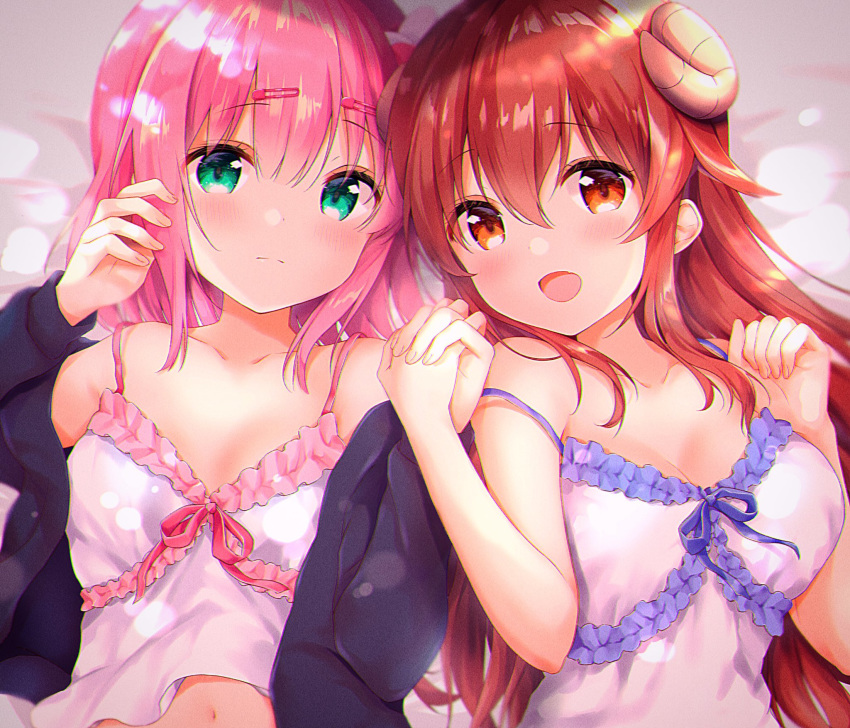 2girls, :d, amedamacon, bangs, bare_arms, bare_shoulders, bed_sheet, black_jacket