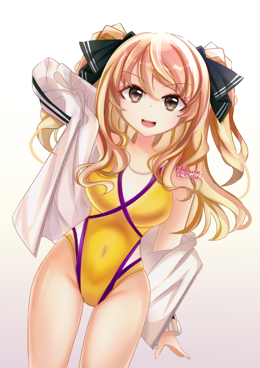 1girl, absurdres, ao_no_kanata_no_four_rhythm, black_ribbon, blonde_hair, breasts, brown_eyes, competition_swimsuit, cowboy_shot, gradient, gradient_background, hair_ribbon, highres, jacket, large_breasts, long_hair, looking_at_viewer, one-piece_swimsuit, ribbon, satouin_reiko, solo, swimsuit, two_side_up, white_background, white_jacket, yellow_swimsuit, yitsune_melody