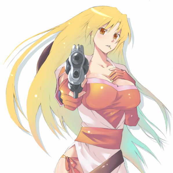 breasts, brown_eyes, cleavage, gloves, grenadier, gun, hijikini, large_breasts