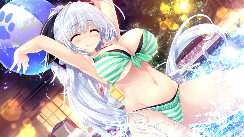 1girl, armpits, ayamori_leeruxu, ball, beachball, bikini, blush, breasts