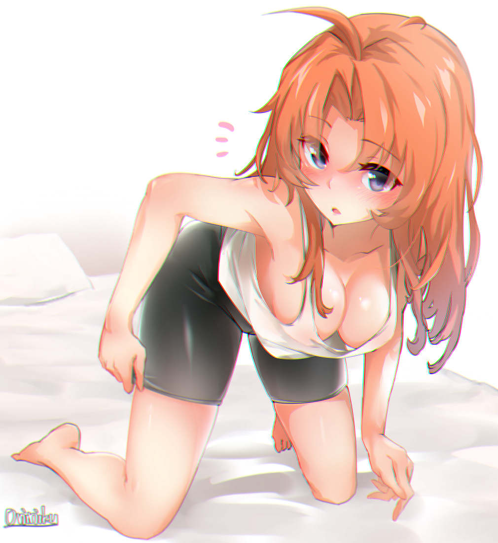 1girl, alternate_costume, alternate_hairstyle, bike_shorts, blush, breasts, brown_hair, chromatic_aberration