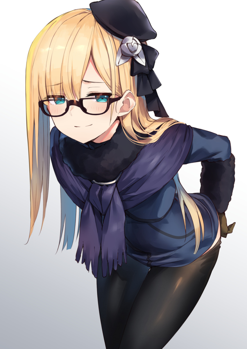1girl, bent_over, bespectacled, black-framed_eyewear, black_headwear, black_legwear, black_ribbon, blonde_hair