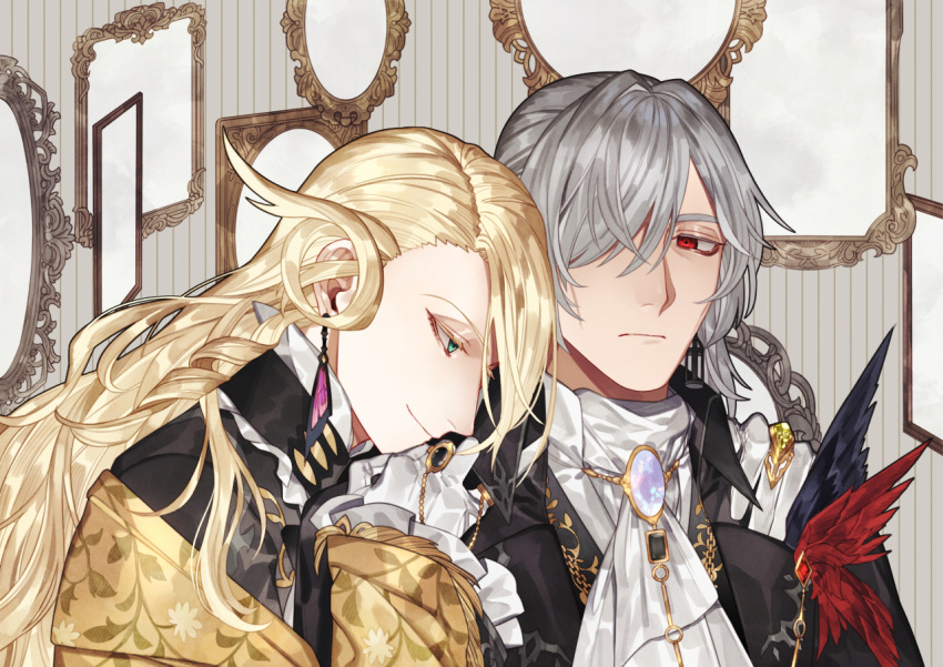 2boys, antonio_salieri_(fate/grand_order), ascot, blonde_hair, corsage, curly_hair, fate/grand_order, fate_(series)