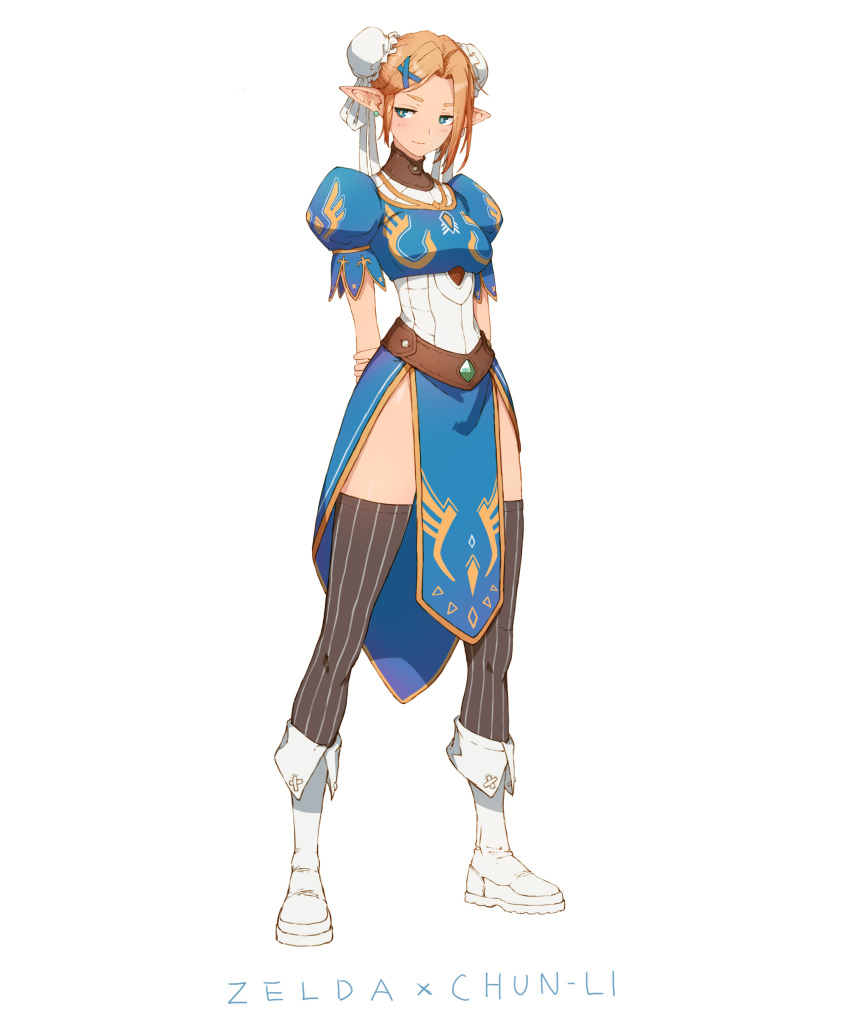 1girl, absurdres, adapted_costume, arms_behind_back, blonde_hair, boots, bun_cover, character_name, chun-li, chun-li_(cosplay), commentary, cosplay, double_bun, dovi, full_body, highres, pelvic_curtain, pointy_ears, princess_zelda, simple_background, smile, solo, street_fighter, striped, striped_legwear, the_legend_of_zelda, thigh-highs, vertical-striped_legwear, vertical_stripes, white_background, white_footwear