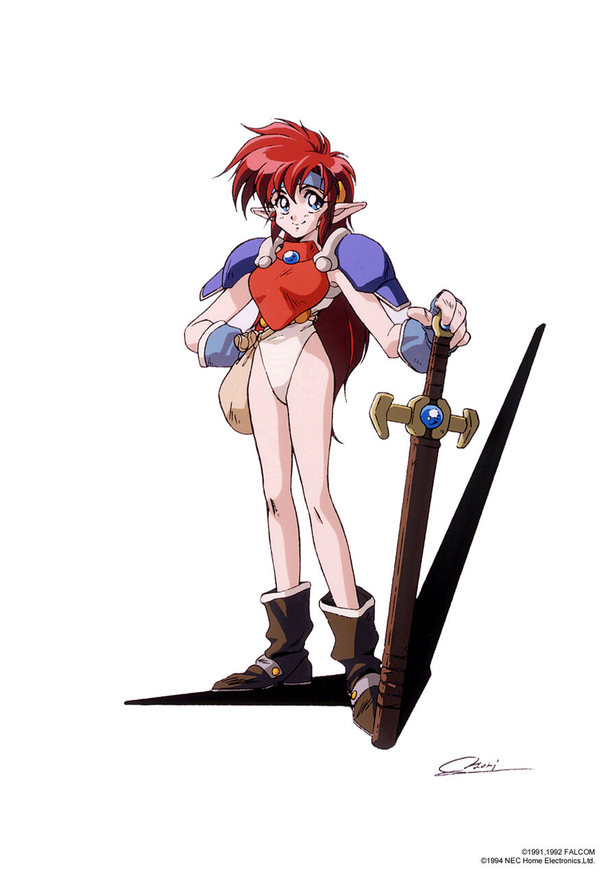 1990s_(style), 1girl, armor, bag, blue_eyes, boots, brown_footwear, copyright