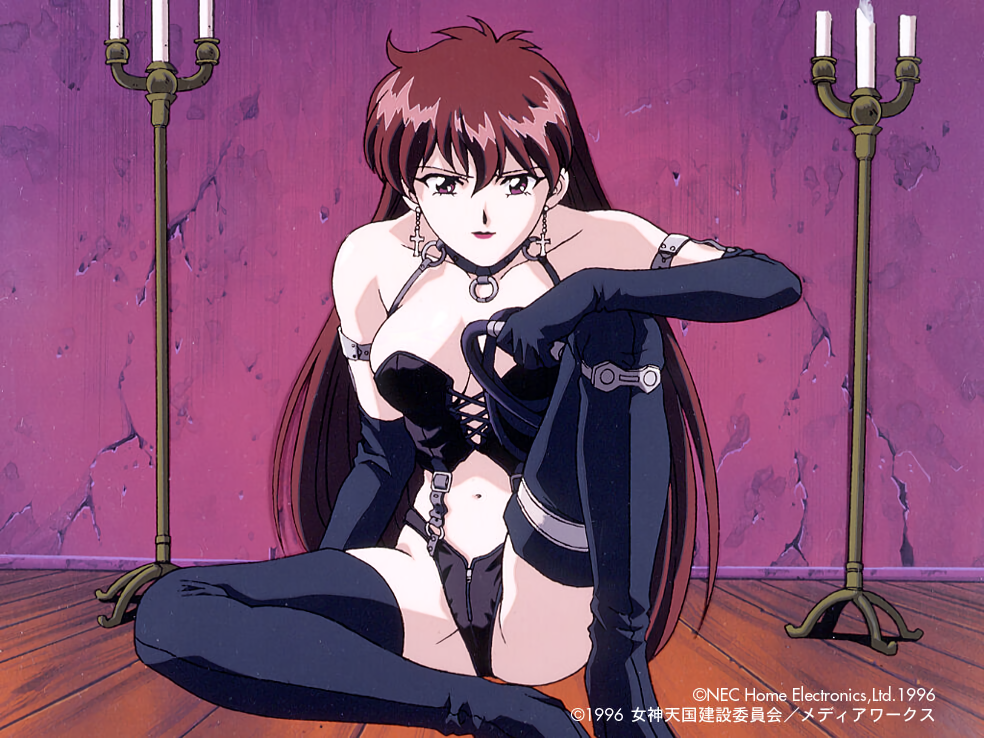 1990s_(style), 1996, 1girl, black_footwear, black_gloves, bondage_outfit, boots, brown_eyes, brown_hair, candle, copyright, copyright_name, cross, cross_earrings, dated, dominatrix, earrings, elbow_gloves, gloves, hand_on_own_knee, holding_whip, jewelry, juliana_(megami_paradise), long_hair, looking_at_viewer, megami_paradise, navel, official_art, on_floor, sitting, solo, thigh-highs, thigh_boots