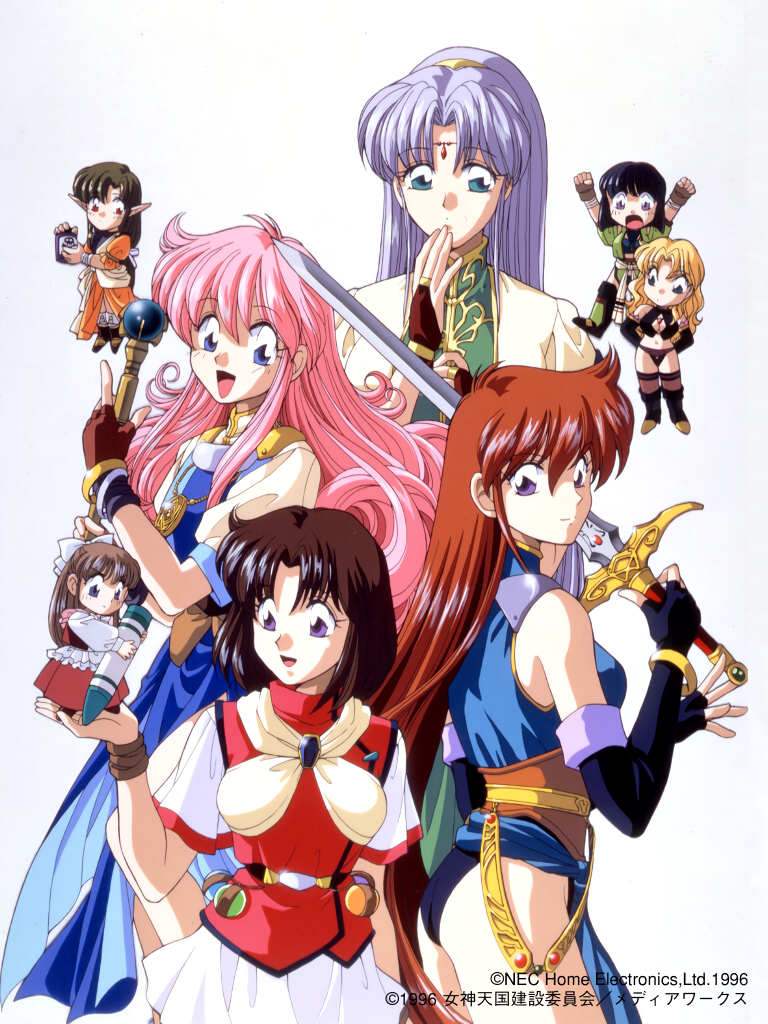 1990s_(style), 1996, 6+girls, anjela, aqua_eyes, black_gloves, blonde_hair, blue_eyes