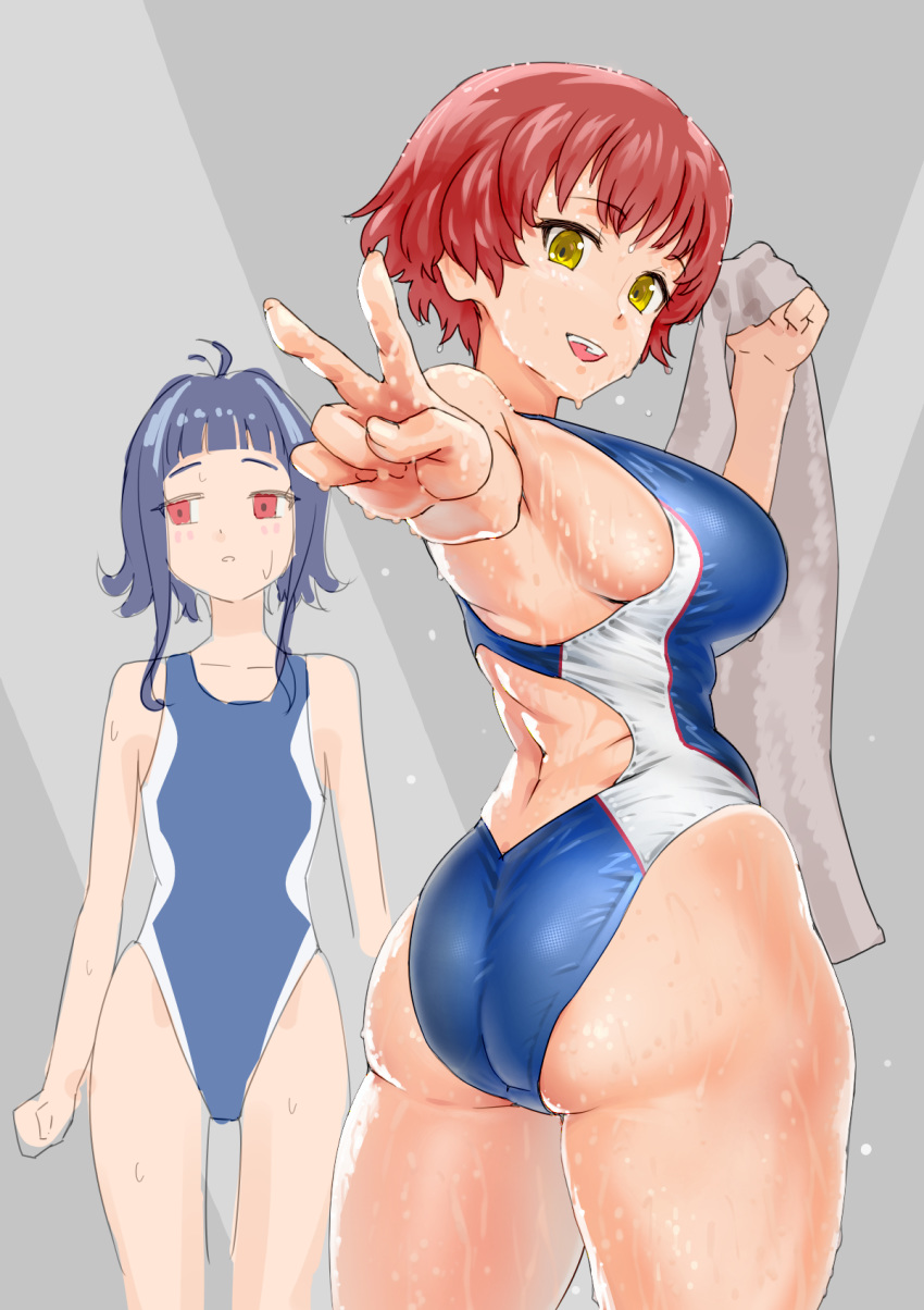 2girls, ass, black_hair, blue_swimsuit, breasts, brown_hair, commentary_request, competition_swimsuit