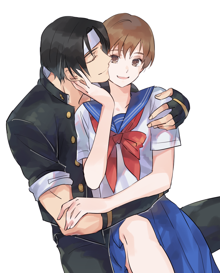 1boy, 1girl, bandana, black_hair, blouse, brown_eyes, brown_hair, fingerless_gloves