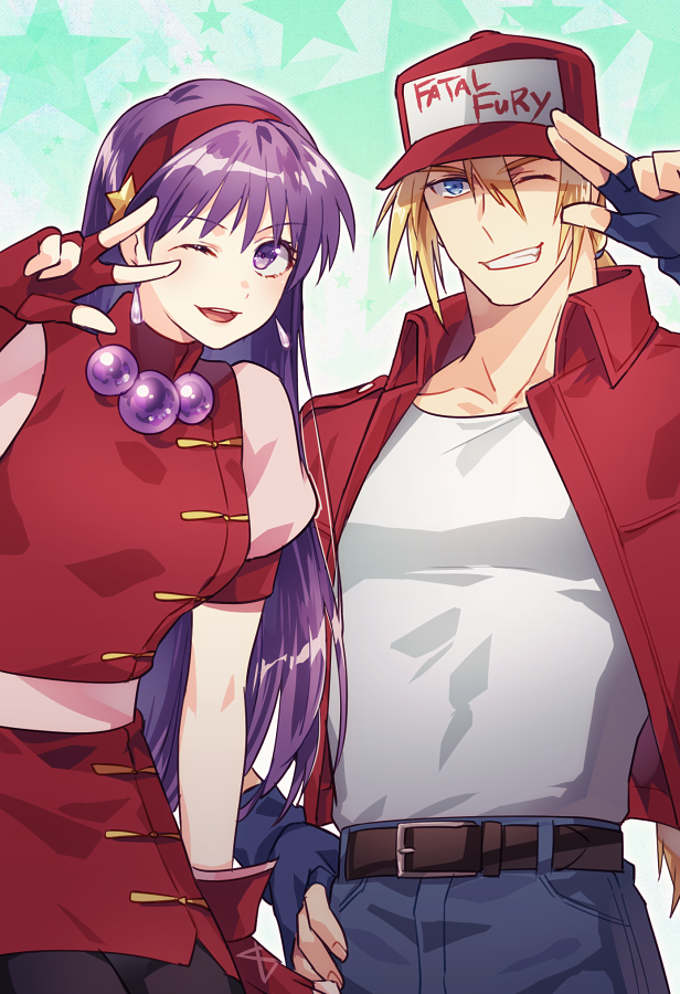 1boy, 1girl, asamiya_athena, baseball_cap, belt, blonde_hair, blue_eyes, blush