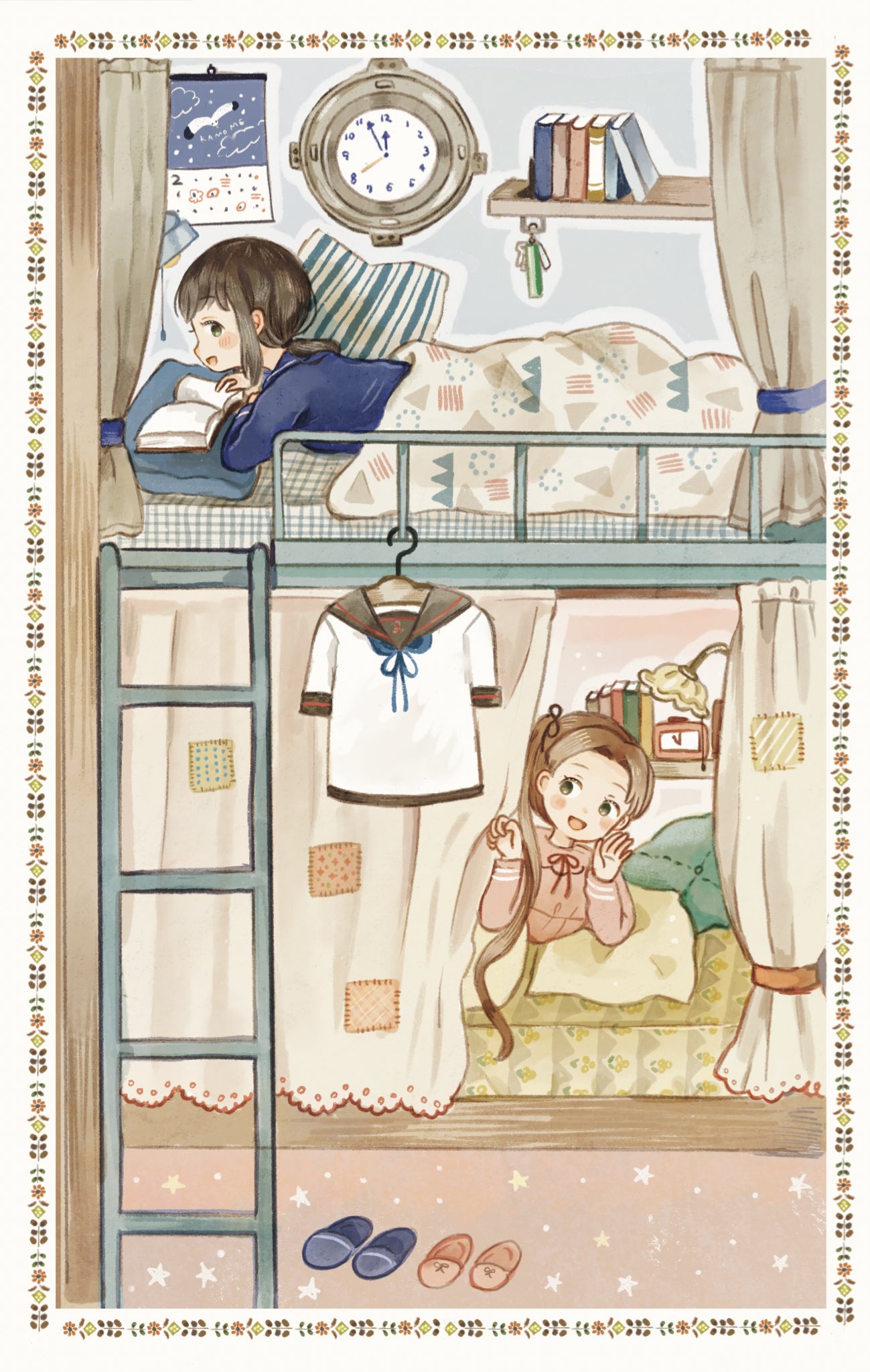 2girls, ayanami_(kantai_collection), bed, black_hair, blush_stickers, book, bookshelf, brown_hair