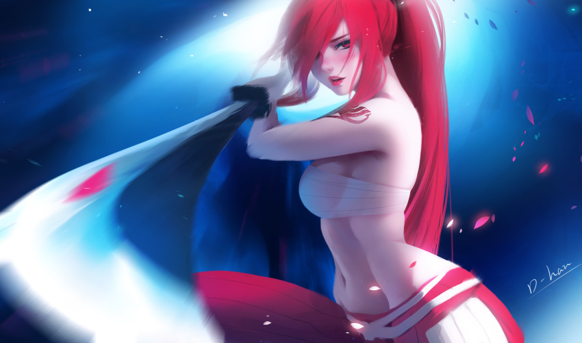 1girl, artist_name, blush, breasts, d-han, erza_scarlet, fairy_tail, foreshortening