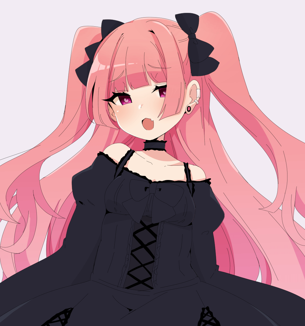 1girl, :d, black_bow, black_choker, black_dress, bow, breasts, choker