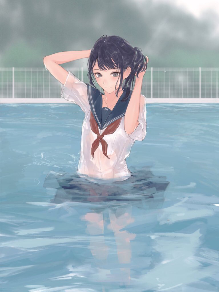 1girl, adjusting_hair, black_hair, clouds, cloudy_sky, commentary_request, fence, grey_eyes