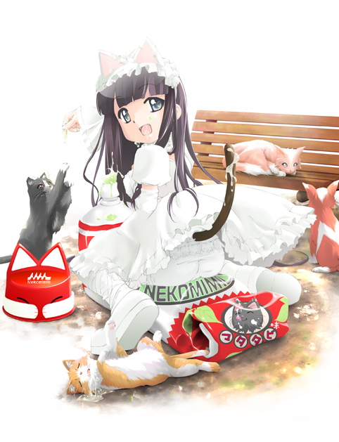 blue_eyes, cat, cat_ears, condensed_milk, hazuki, komame_(wanton), long_hair, milk, skirt, skirt_lift, tail, tsukuyomi_moonphase