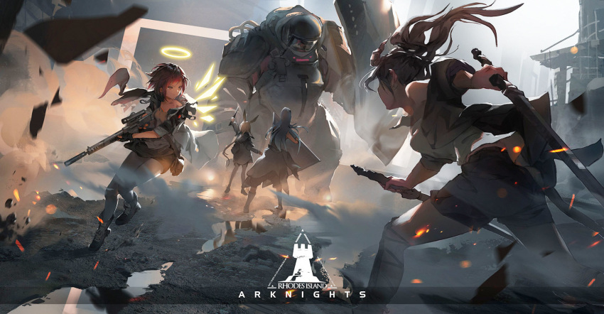 1boy, 4girls, amiya_(arknights), animal_ears, aqua_hair, arknights, armor, bare_shoulders, breasts, brown_hair, ch'en_(arknights), dual_wielding, dust_cloud, embers, explosion, exusiai_(arknights), fighting, giant, gun, halo, helmet, highres, holding, holding_gun, holding_sword, holding_weapon, hoshiguma_(arknights), logo, long_hair, multiple_girls, puddle, rabbit_ears, redhead, ruins, shield, sword, weapon, wings, xiye