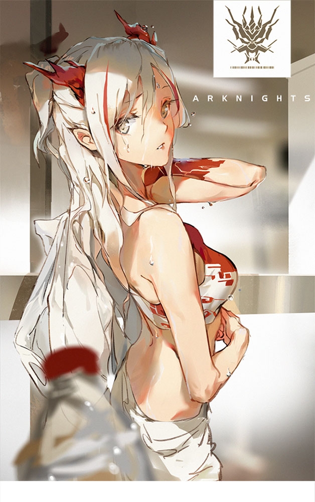 1girl, arknights, back, bare_shoulders, breasts, copyright_name, horns, long_hair