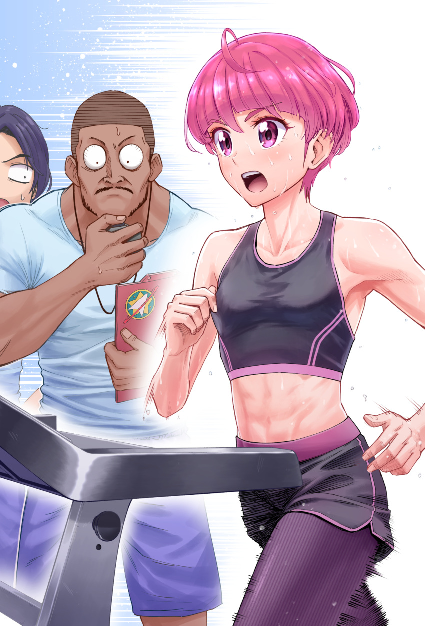 1girl, 2boys, abs, ahoge, armpits, bangs, beard, blunt_bangs