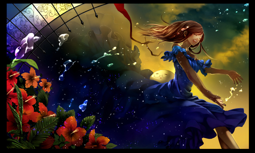 1girl, bare_shoulders, dress, flowers, frilly, frilly_dress, glasses, long_hair, original, scenery, smiling, water