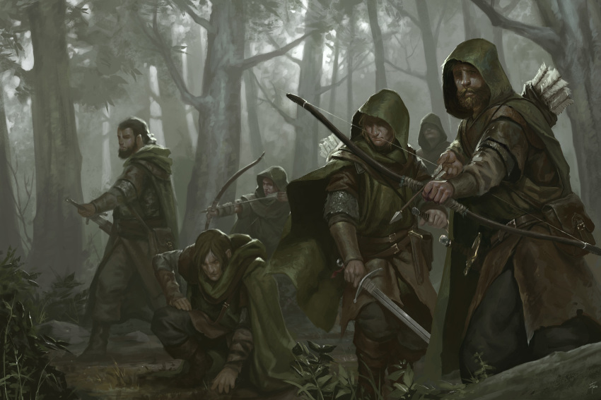 6+boys, adrian4rt, armor, arrow, beard, black_hair, blonde_hair, bow_(weapon)