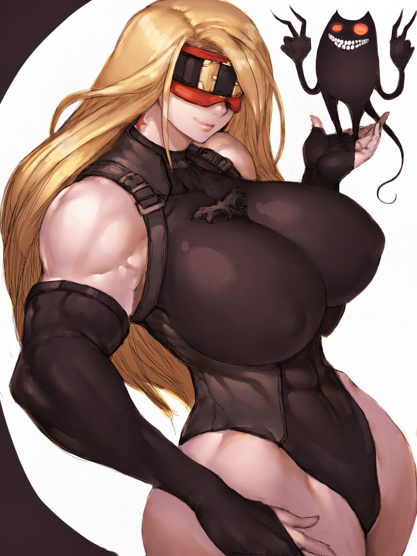 1girl, bare_shoulders, blindfold, breasts, covered_nipples, eddie_(guilty_gear), fumio_(rsqkr), genderswap, genderswap_(mtf), guilty_gear, guilty_gear_strive, highres, huge_breasts, long_hair, muscle, muscular_female, simple_background, smile, solo, thick_thighs, thighs, toned, very_long_hair, white_background, zato-1