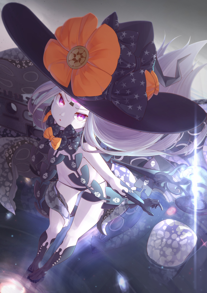 1girl, :o, abigail_williams_(fate/grand_order), absurdres, black_bow, black_headwear, black_legwear, black_panties