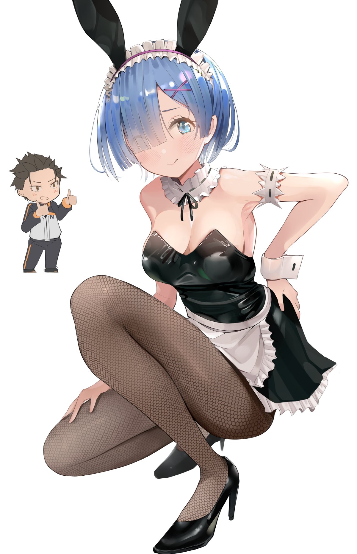 1boy, 1girl, alternate_costume, animal_ears, bare_shoulders, black_leotard, blue_eyes, blue_hair