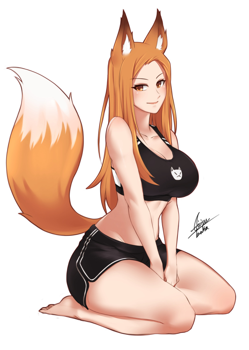 1girl, airisubaka, animal_ear_fluff, animal_ears, artist_name, bare_arms, bare_legs, bare_shoulders