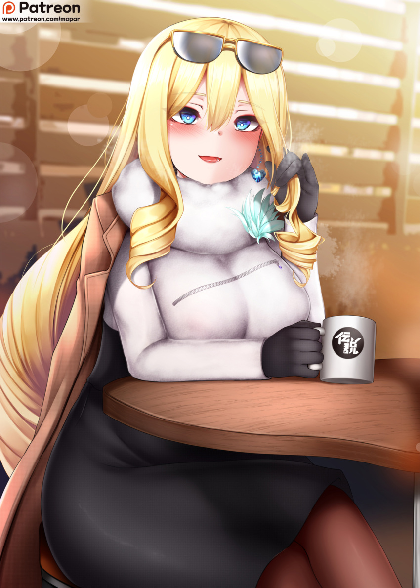 1girl, black_gloves, black_skirt, blonde_hair, blue_eyes, blush, breasts, brown_jacket