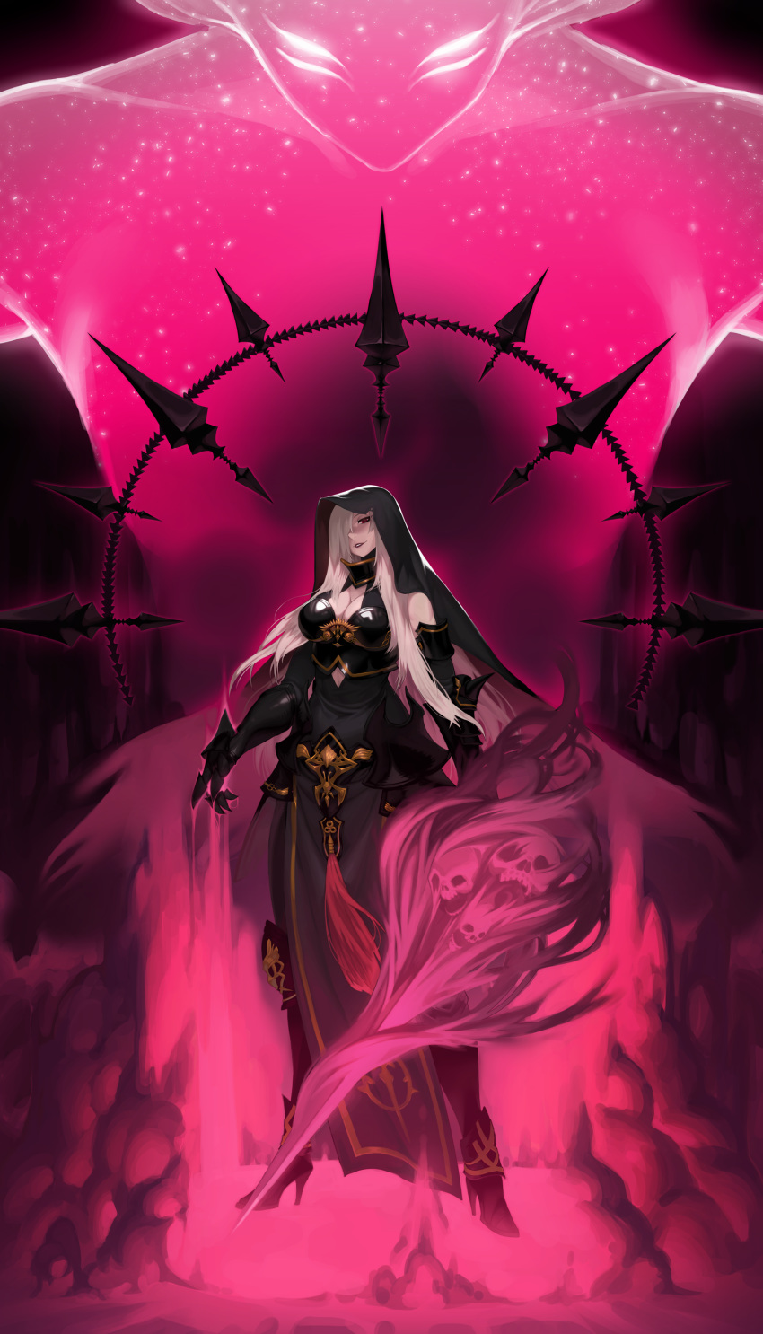 1girl, absurdres, armor, black_dress, black_footwear, boots, breastplate, breasts