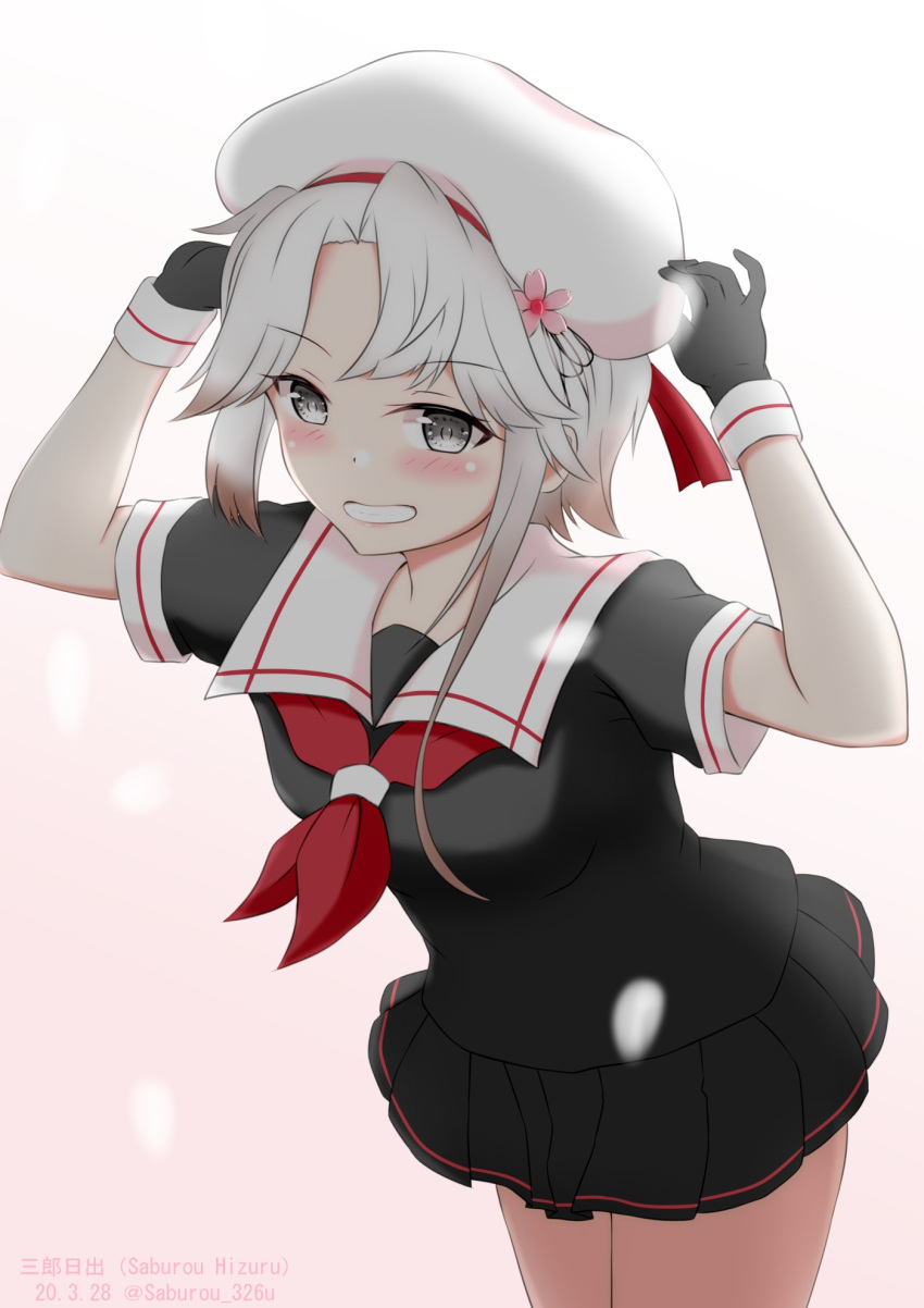 1girl, akishimo_(kantai_collection), asymmetrical_hair, beret, black_gloves, black_serafuku, black_skirt, brown_hair