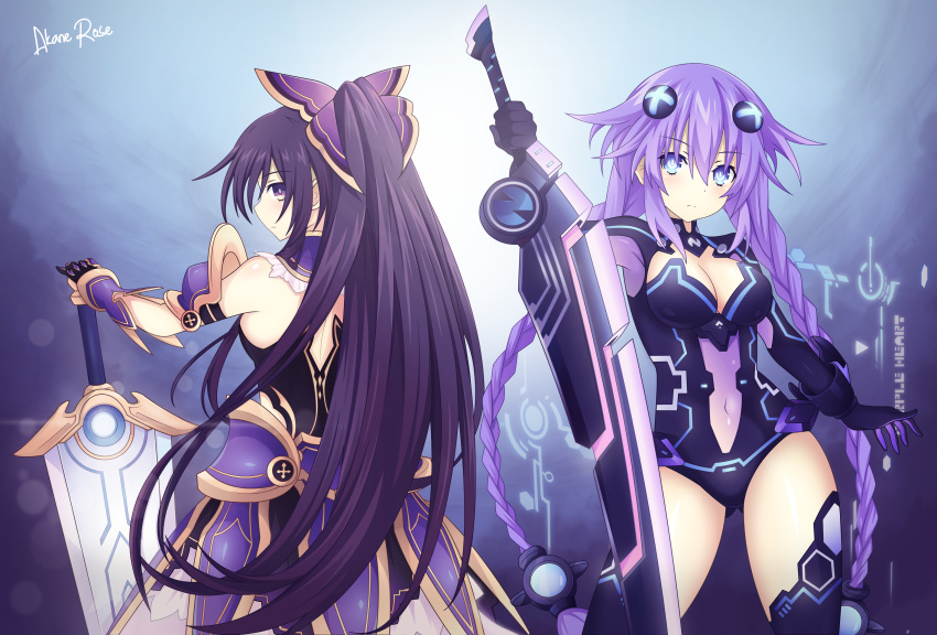 2girls, akane_rose, blue_eyes, braid, breasts, creator_connection, crossover, date_a_live