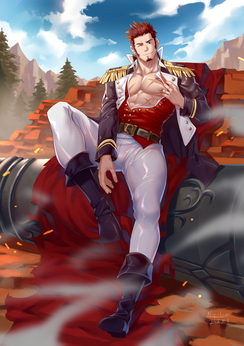 1boy, abs, bara, beard, blue_eyes, brown_hair, cape, chest
