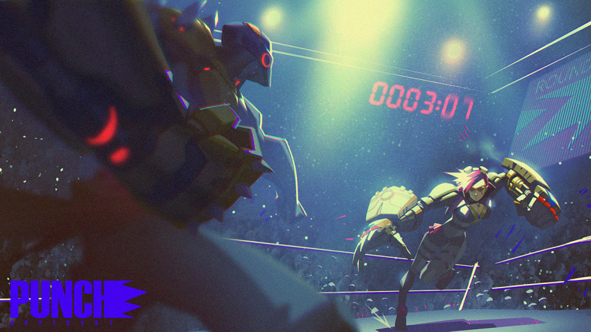 1boy, 1girl, battle, boxing_ring, breasts, clenched_hand, commentary, crossover