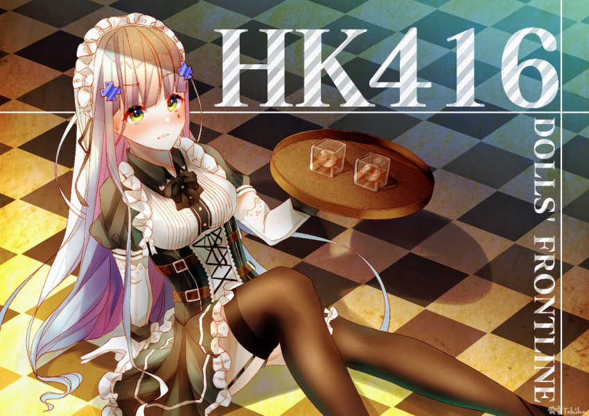 1girl, apron, bangs, black_legwear, blue_hair, blush, girls_frontline, gloves