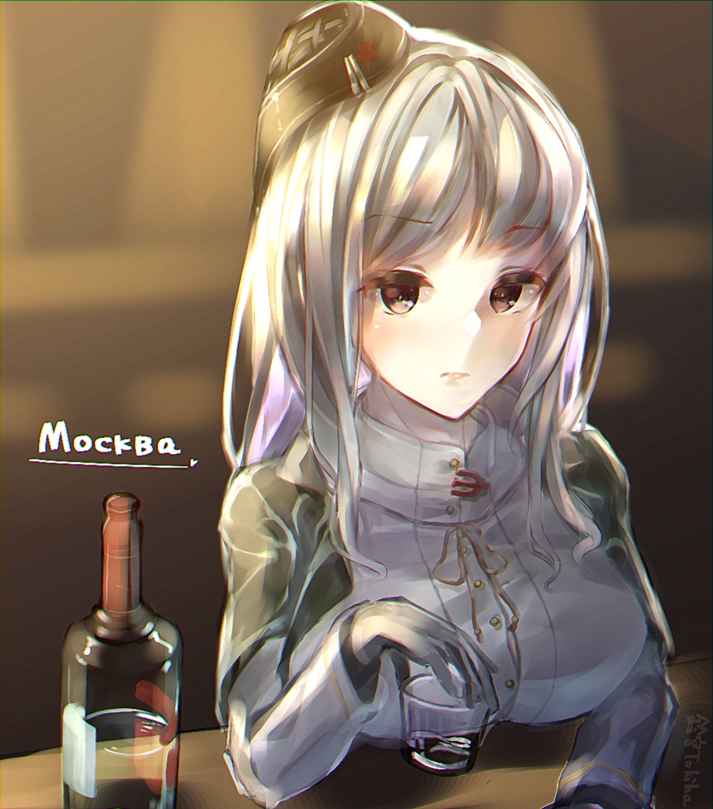 1girl, alcohol, breasts, brown_hair, character_request, cup, drinking, gloves, hat, long_hair, looking_at_viewer, moscow_(warships_girls_r), moskva_(warship_girls_r), red_star, silver_hair, simple_background, solo, tokyoha1, vodka, warship_girls_r
