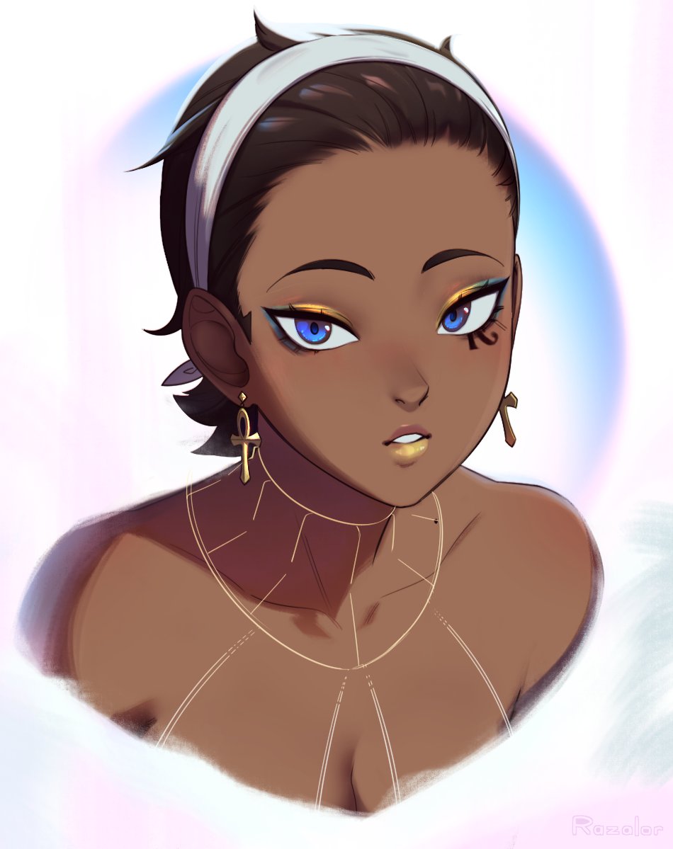1girl, ankh, ankh_earrings, artist_name, blue_eyes, brown_hair, collarbone, commentary, dark_skin, earrings, english_commentary, eye_of_horus, eyeshadow, forehead, hairband, jewelry, k'lyn, looking_at_viewer, makeup, nude, original, parted_lips, portrait, razalor, short_hair, simple_background, solo, white_hairband