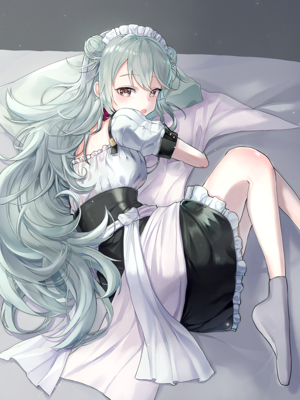 1girl, alternate_costume, apron, bed, bed_sheet, blanket, blanket_hug, double_bun, enmaided, g11_(girls_frontline), girls_frontline, grey_eyes, grey_hair, highres, kiou, maid, maid_apron, maid_headdress, pillow, socks, solo