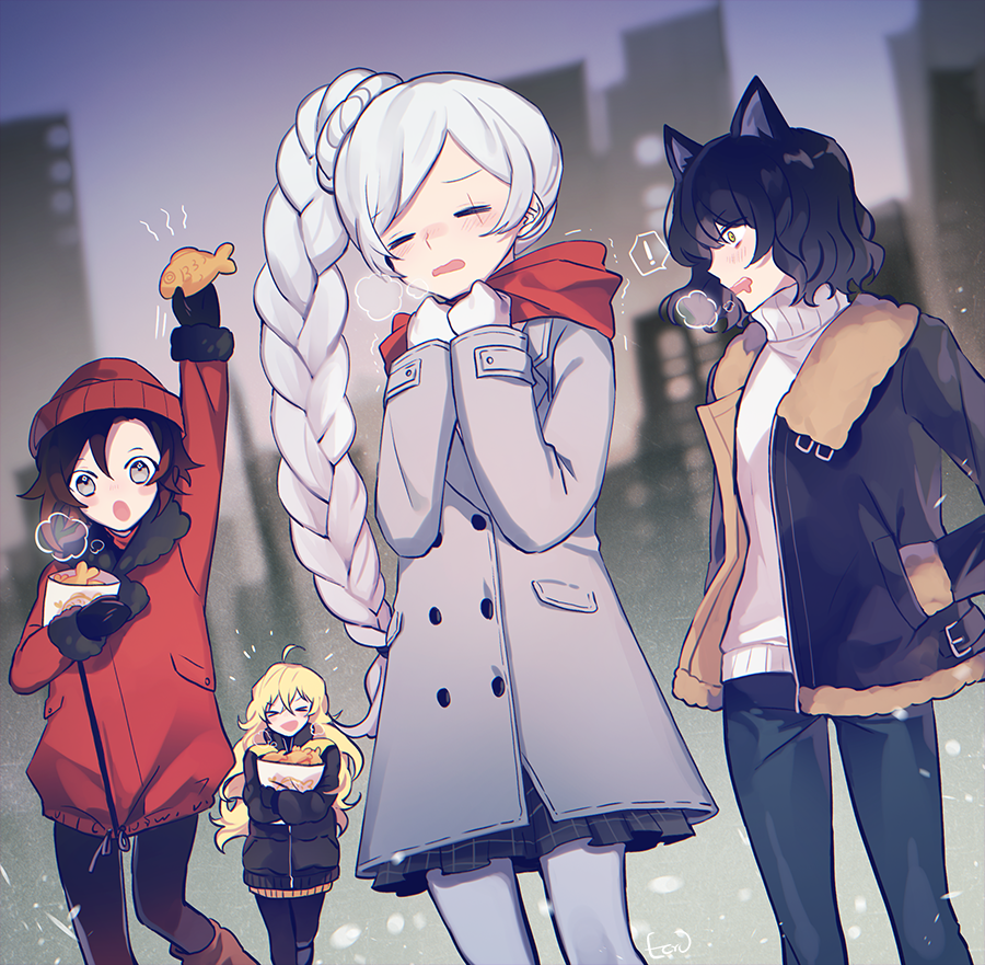 >_<, 4girls, :d, ahoge, animal_ears, arm_up, bangs, black_hair