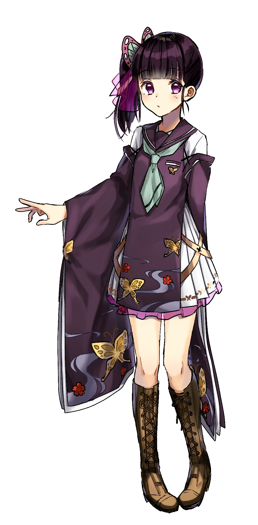 1girl, animal_print, arm_behind_back, bangs, black_hair, blue_neckwear, blunt_bangs, boots