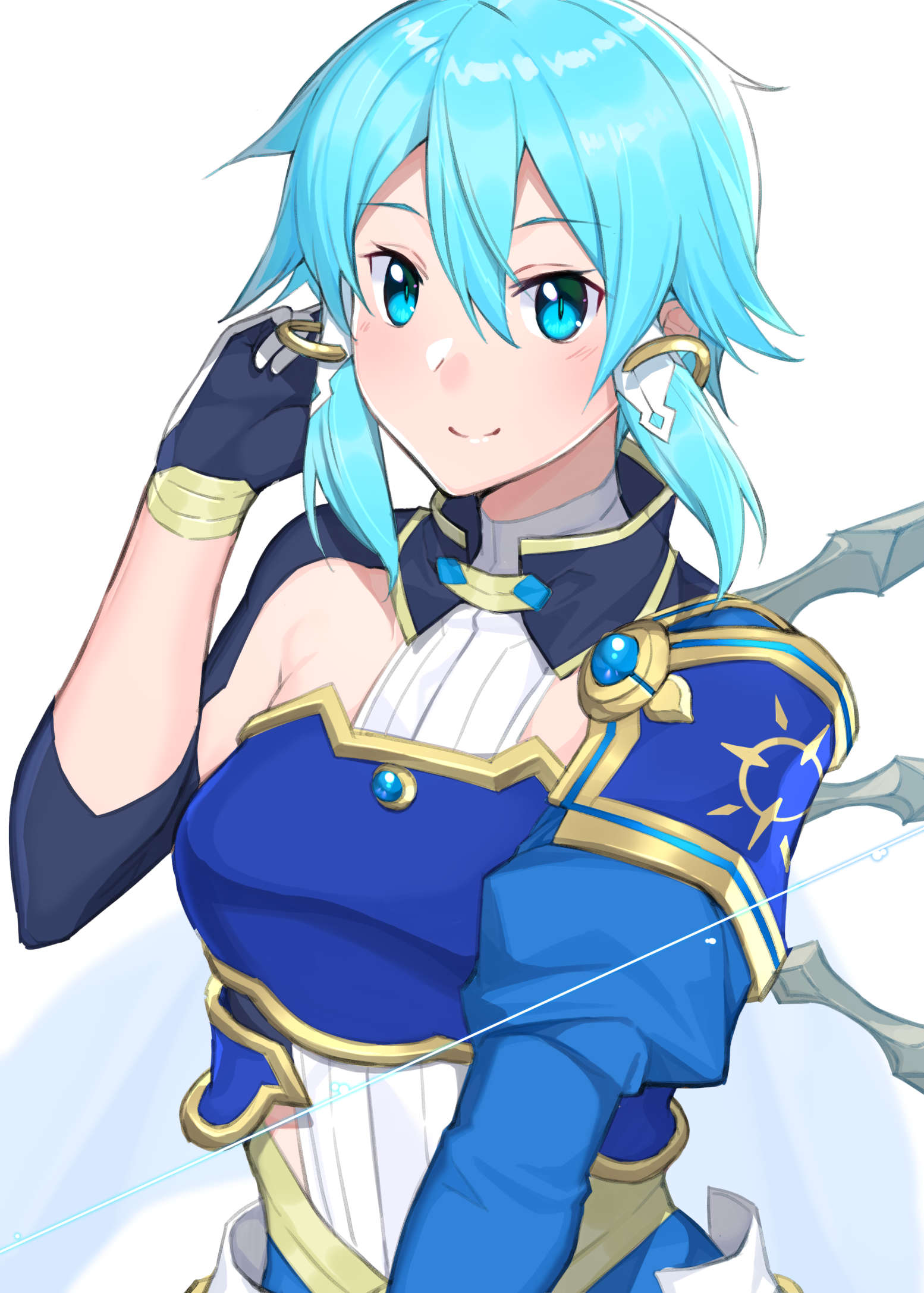 1girl, aqua_eyes, aqua_hair, armor, bangs, blue_gloves, blush, breastplate