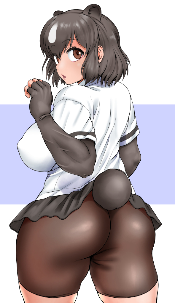 1girl, animal_ears, ass, bangs, bear_ears, bear_girl, bear_tail, black_gloves