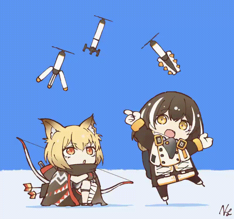 2girls, animal_ears, animated, animated_gif, arknights, arrow, backpack, bag