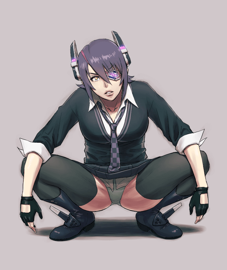 1girl, azasuke, black_footwear, boots, breasts, cardigan, checkered, checkered_neckwear, full_body, gloves, kantai_collection, medium_breasts, miniskirt, necktie, panties, pantyshot, pantyshot_(squatting), parted_lips, partly_fingerless_gloves, purple_hair, school_uniform, skirt, slav_squatting, solo, squatting, tenryuu_(kantai_collection), thigh-highs, underwear, yellow_eyes
