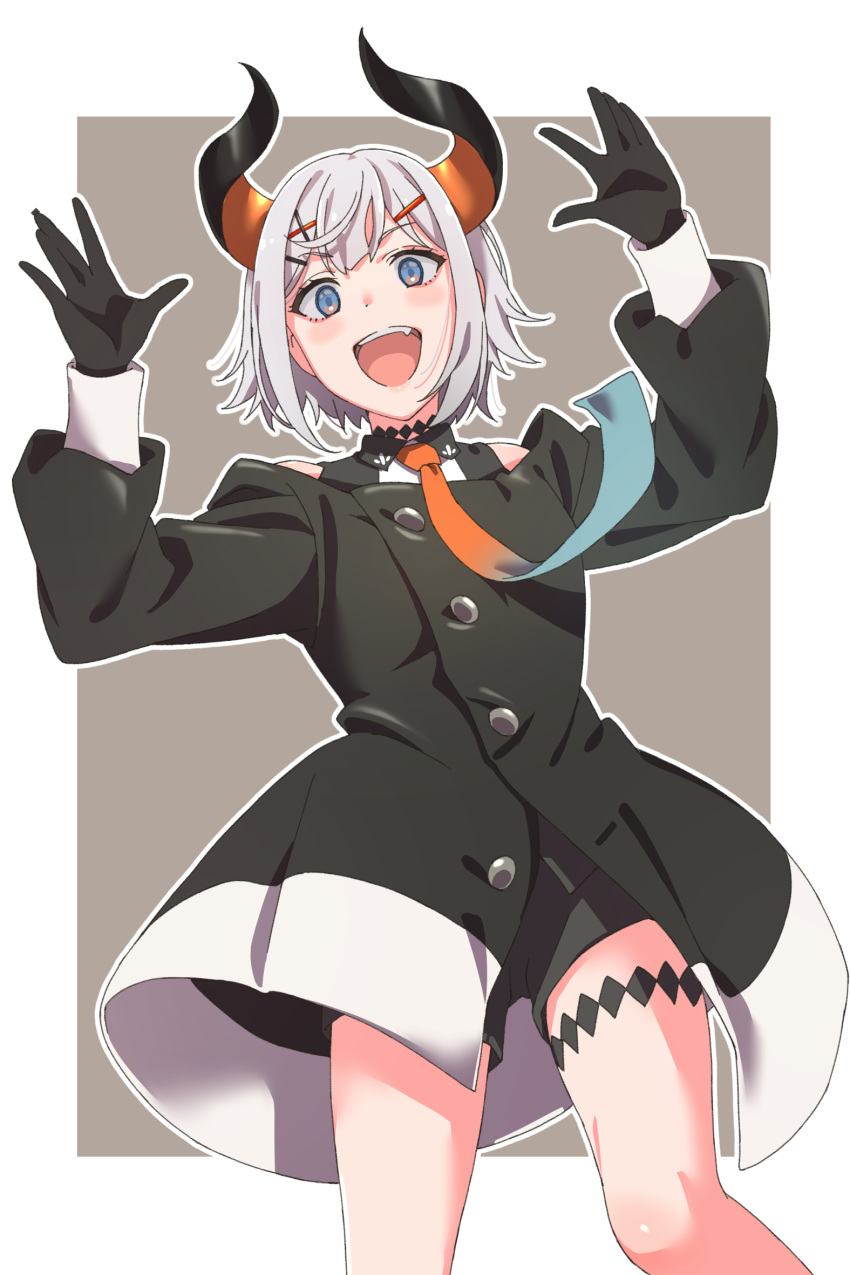 1girl, bare_shoulders, black_gloves, black_jacket, black_shorts, blue_eyes, blush, brown_background