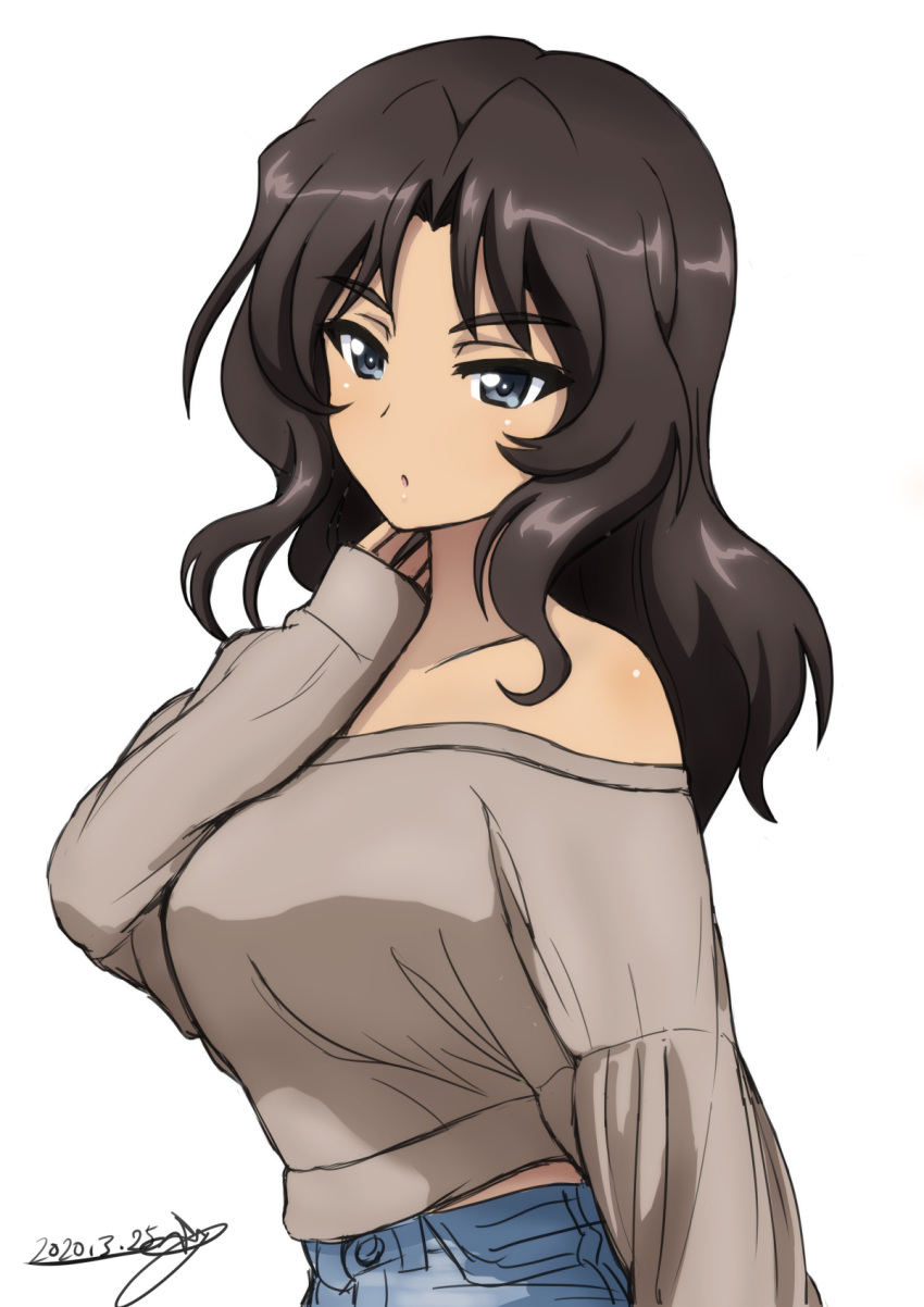 1girl, :o, artist_name, bare_shoulders, black_eyes, black_hair, blue_pants, bukkuri
