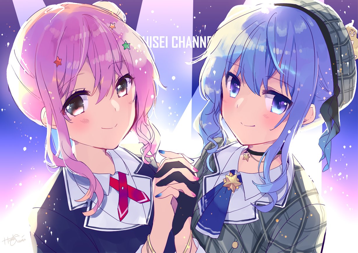 2girls, anemachi, awai_hinata, beret, black_choker, black_gloves, blue_eyes, blue_hair
