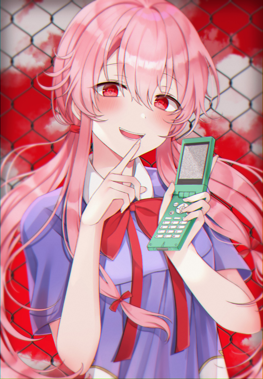 1girl, 49_(yonkyuu), blush, commentary, eyebrows_visible_through_hair, gasai_yuno, hair_between_eyes, highres