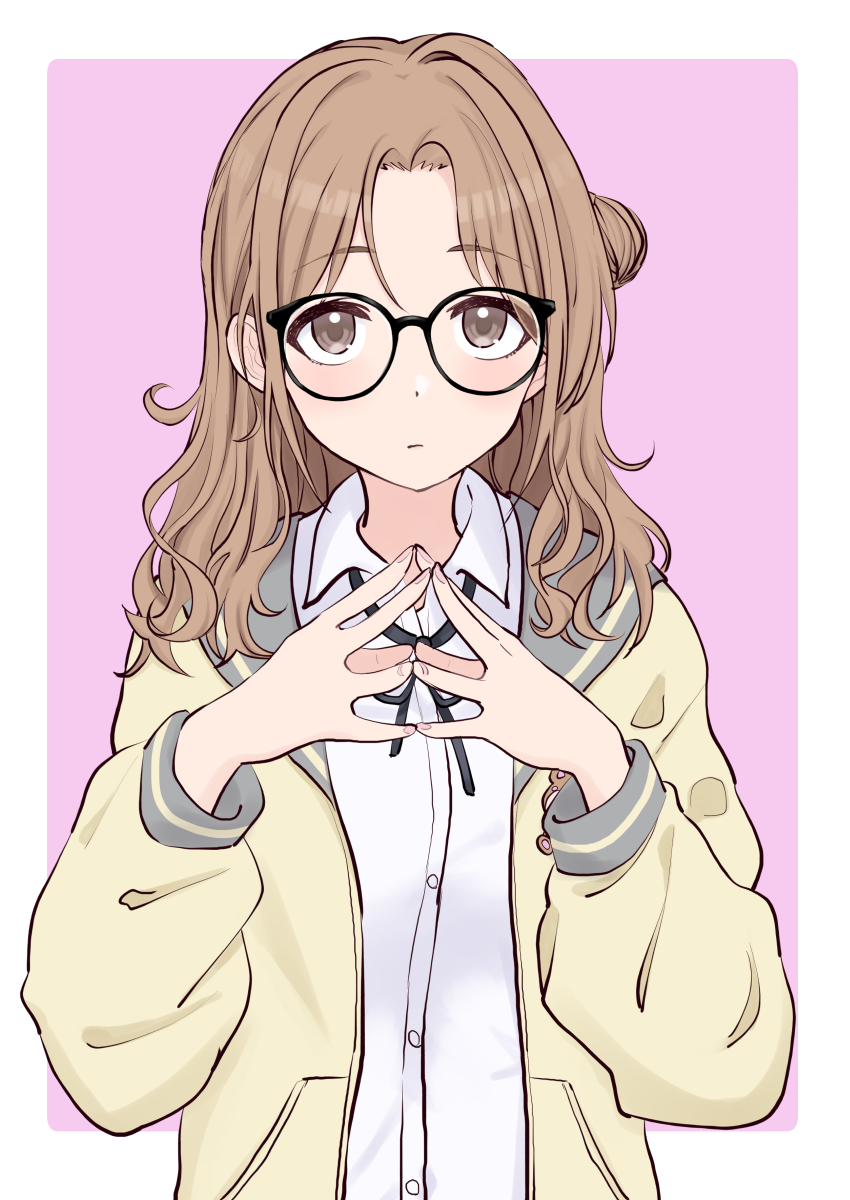 1girl, bangs, bespectacled, blush, brown_eyes, cardigan, fingers_together, glasses, hair_bun, highres, ichikawa_hinana, idolmaster, idolmaster_shiny_colors, long_hair, looking_at_viewer, nail_polish, open_cardigan, open_clothes, pink_background, pink_nails, simple_background, solo, t7s-kuroro, upper_body