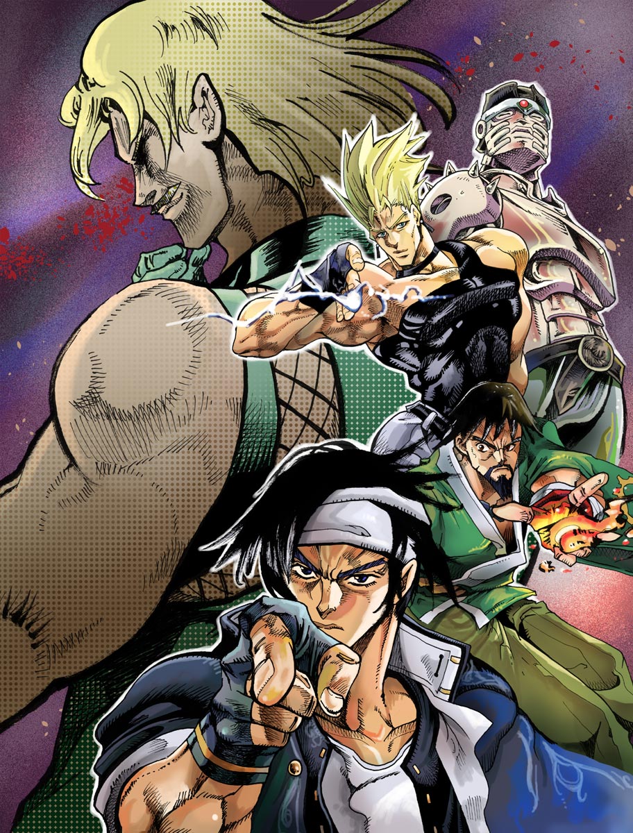 5boys, black_hair, blonde_hair, daimon_gorou, facial_hair, fingerless_gloves, fire, gloves